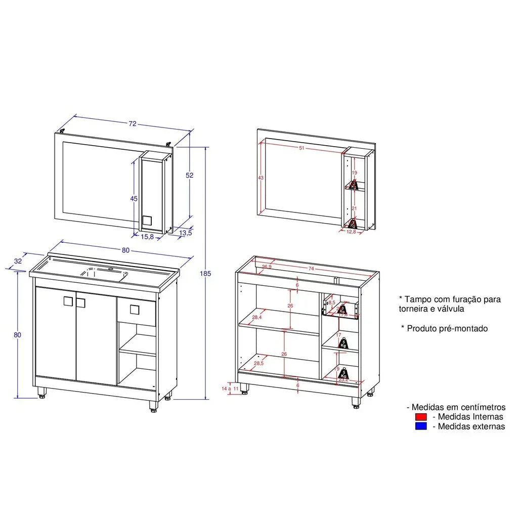 Armário Conjunto de Banheiro com Gabinete, Cuba e Espelheira 3 Portas Viena 80 cm